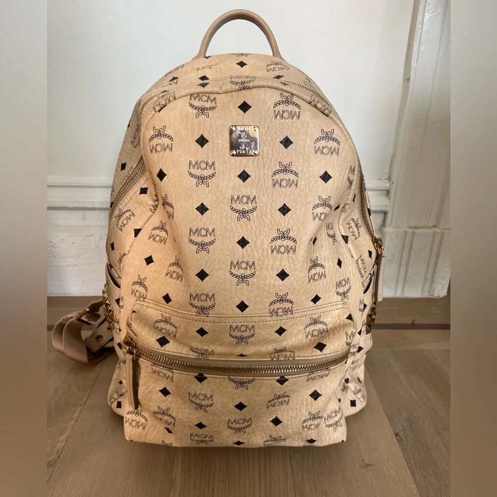 MCM Stark Side Studded Canvas Large Backpack Beige